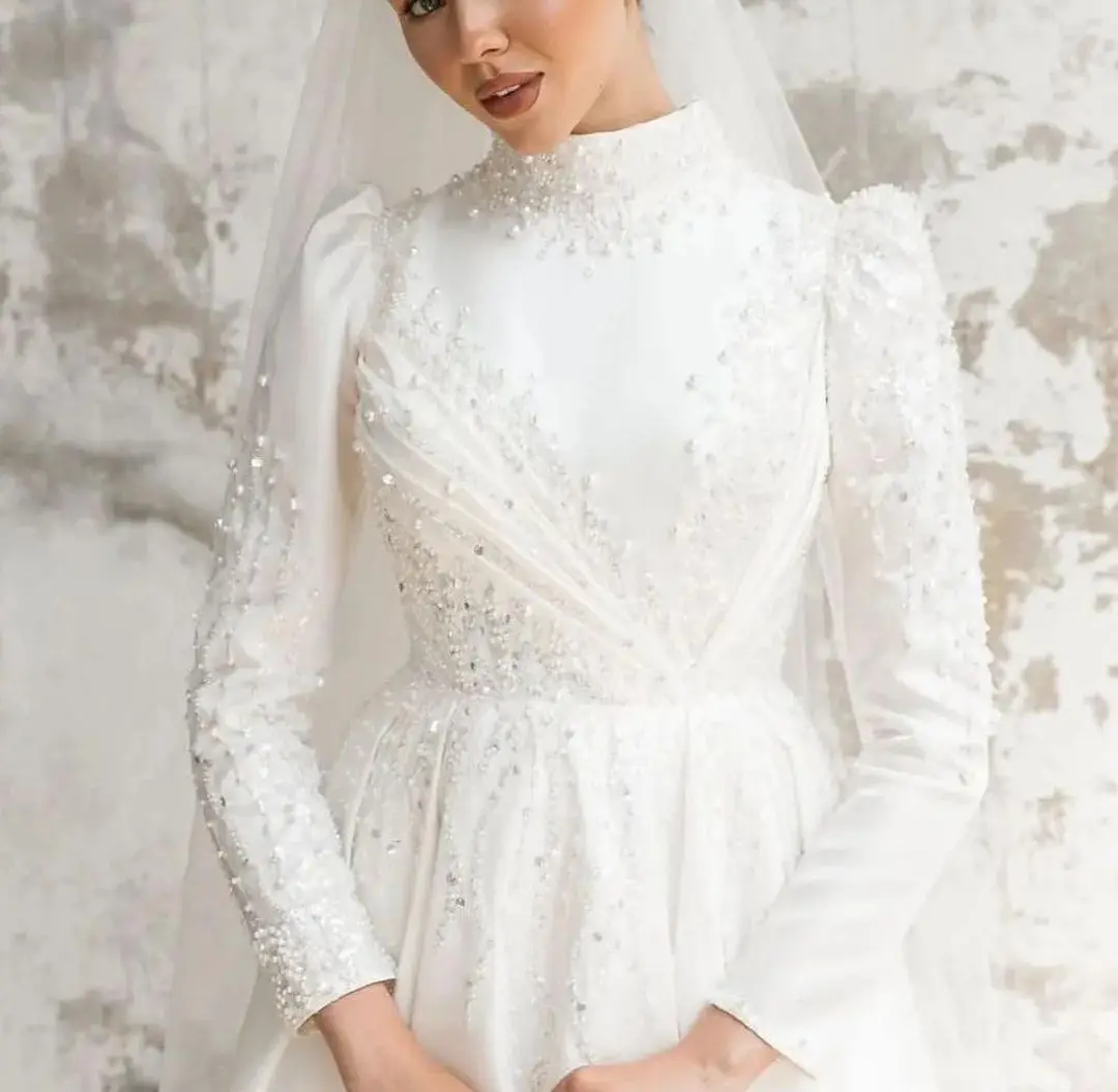 Elegante vestido de fiesta Vestidos de novia Mangas largas Cuello alto Lentejuelas Perlas Diamantes Vestidos de novia con cuentas Vestina De Novia Personalizado