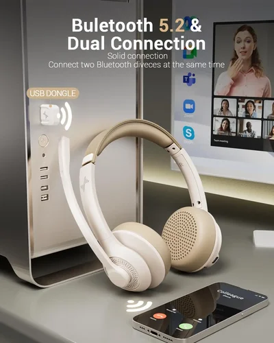 Imagen 2 del producto JIAMQISHI Auriculares inalámbricos con micrófono con cancelación de ruido AI Auriculares Bluetooth V5.2 con dongle USB para centro de llamadas Oficina EH02