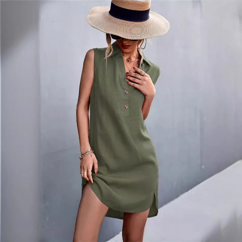 2025 夏の新レディースタンクトップ婦人服トップススプリットコットンリネンドレス