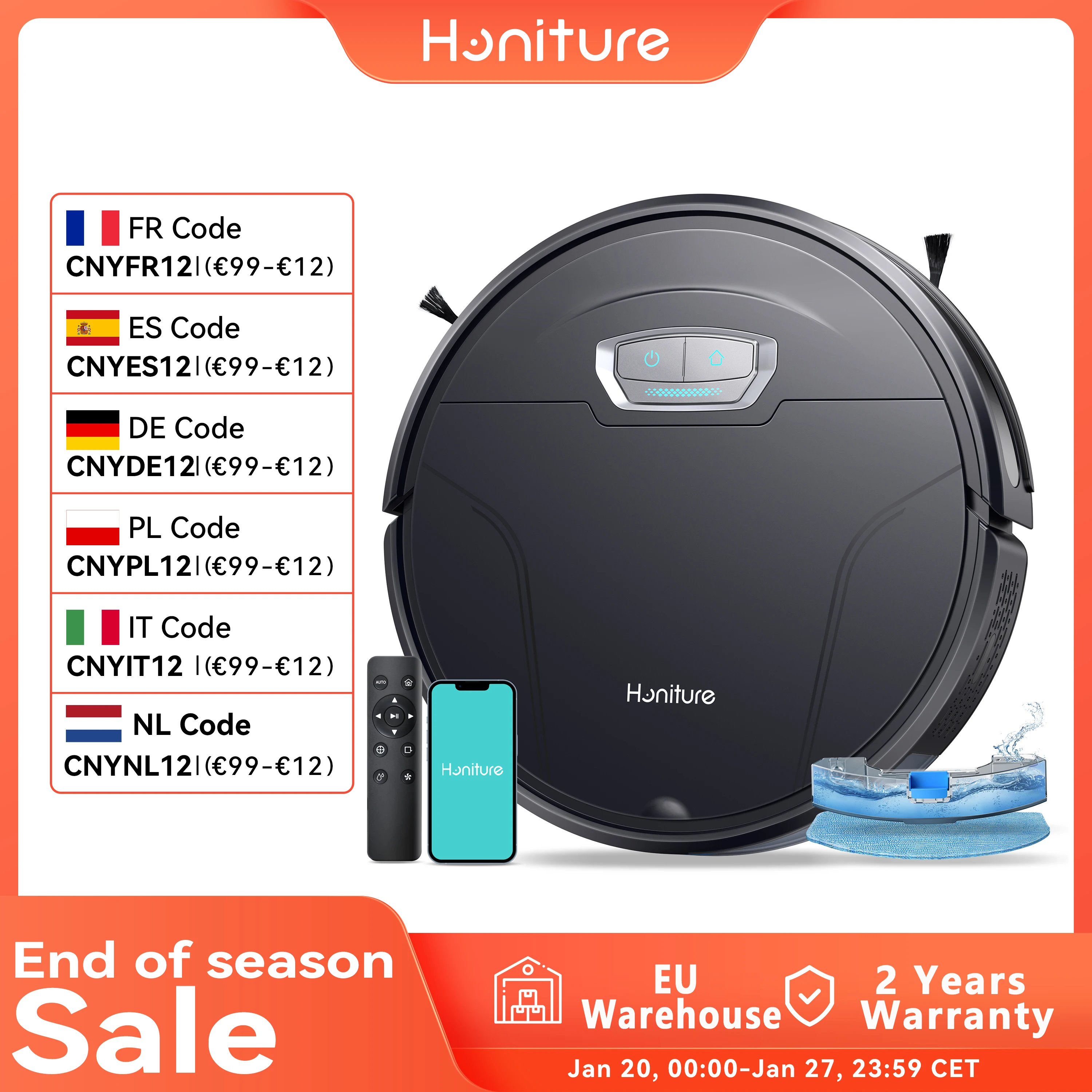 HONITURE Robot Vacuum and Mop Combo 6000pa Robot Vacuum Cleaner 3 in 1, Strong Suction, Self-Charging, App&Remote&Voice Control