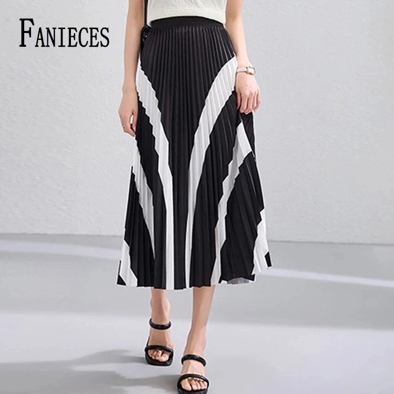 FANIECE Classical White Striped Black Pleated A-line Women Long Skirt Elegant Office Ladies Workwear Big Hem Faldas юбка 스커트saia