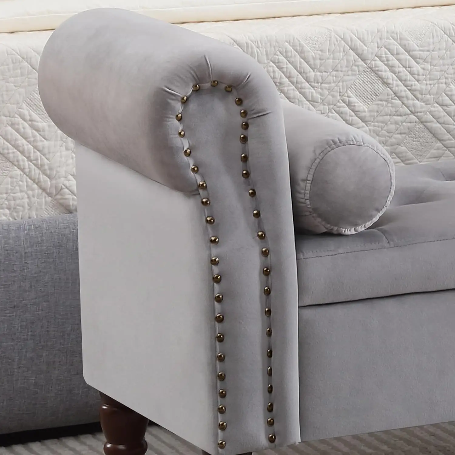 'King Size End of Bed Storage Bench, Velvet Upholstered Tufted with Arms, Grey'