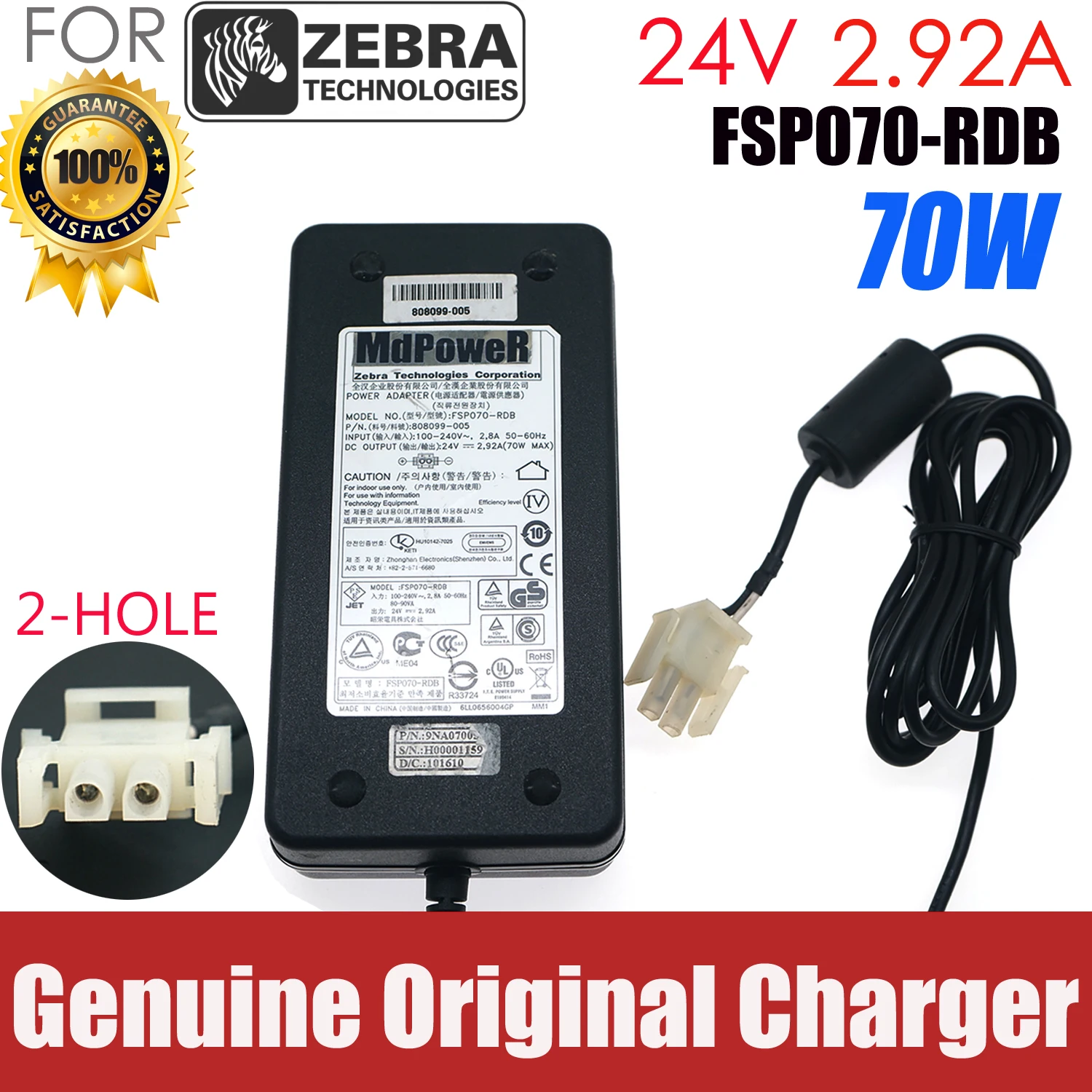 

Genuine Power Adapter Charger FSP070-RDB 24V 2.92A 2 hole for Zebra Printer Scanner Power Supply 808099-005 9NA0700502