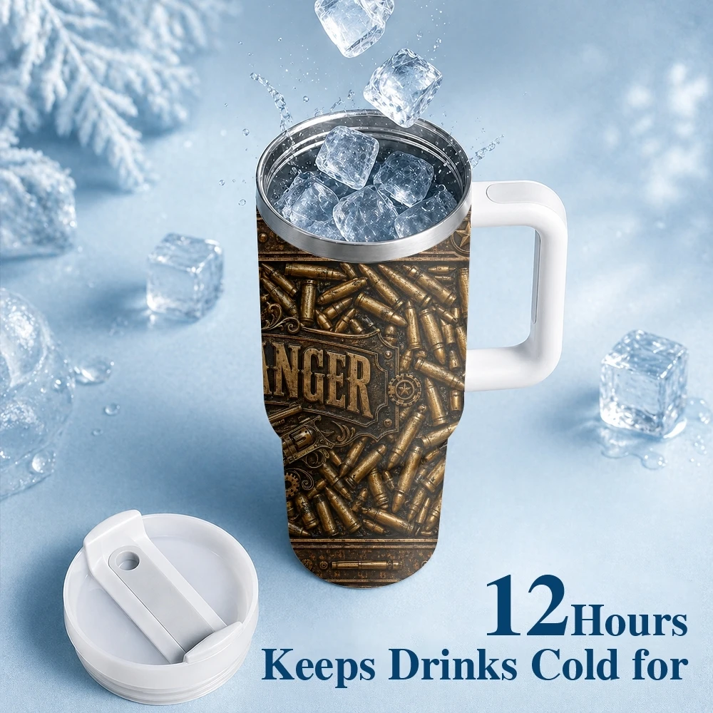 2D American Pistol Bullets Vacuum Flasks 40oz Stainless Steel Insulated Tumbler With Handle & Straw Leakproof Travel Mug