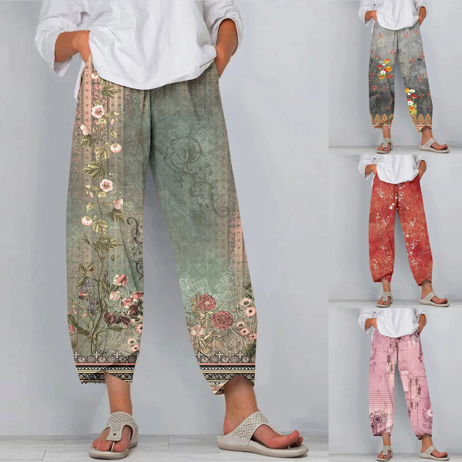 Casual Wide Leg Pants Women Loose Comfort Elastic Waist Pants Summer New Vintage Flower Printed Trousers Pantalones For Women