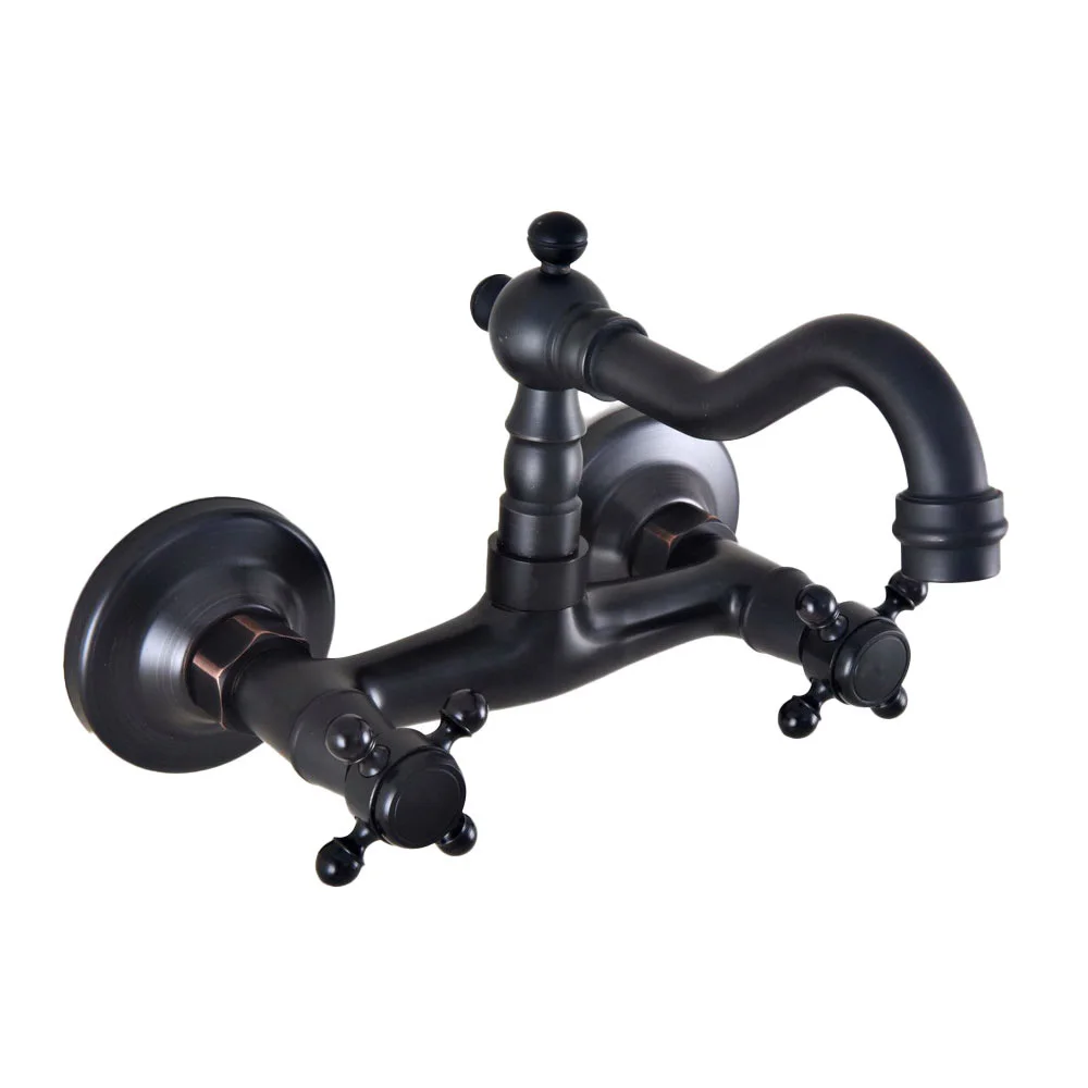 Black Oil Rubbed Bronze Bathroom Kitchen Sink Faucet Mixer Tap Swivel Spout Wall Mounted Double Handles mnf818