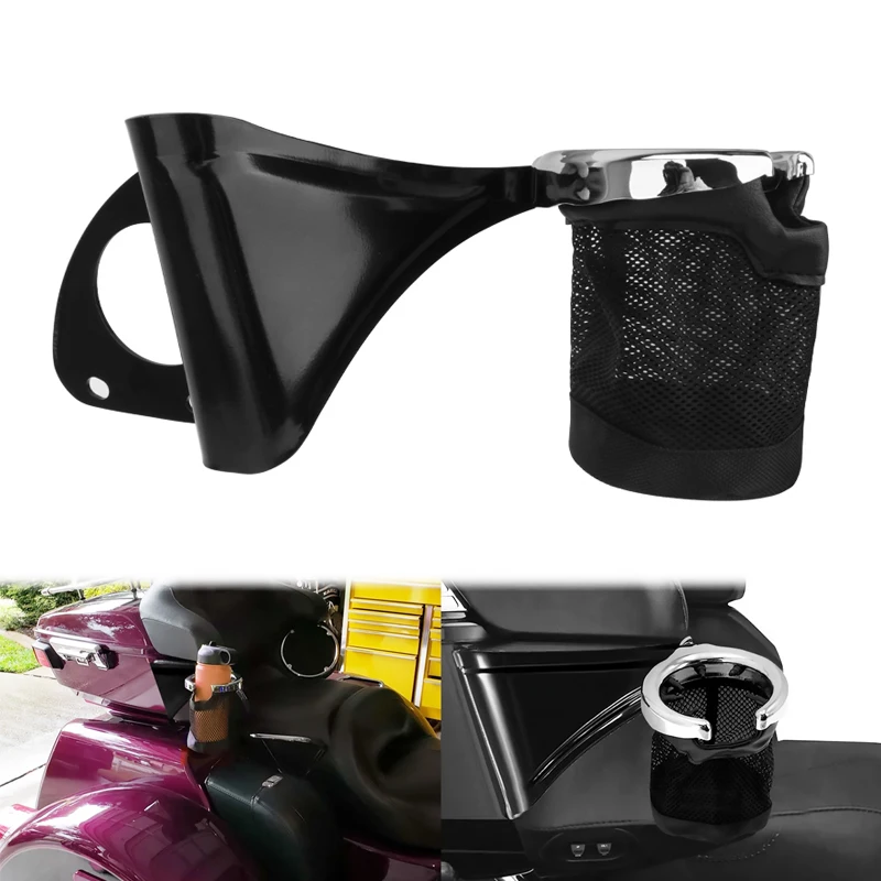 

Black Motorcycle Drink Cup Holder Passenger Water Beverage Support For Harley Touring Road Glide Electra Glide CVO 14-up