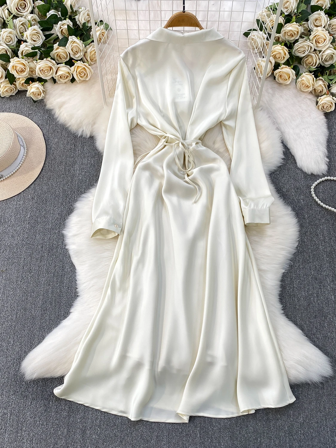 تنورة Ele V-ne طويلة على شكل حرف a Dr للسيدات بخصر عالٍ من قماش الساتان للتخسيس للخريف والشتاء Faion French Sle #4