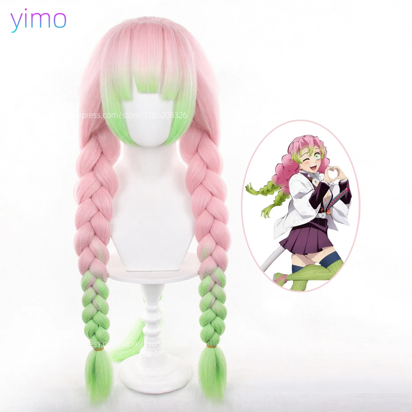 

Парик для косплея Mitsuri Kanroji no Yaiba, длинные розовые, зеленые, термостойкие волосы, аутентичный косплей, Demon Slaayer