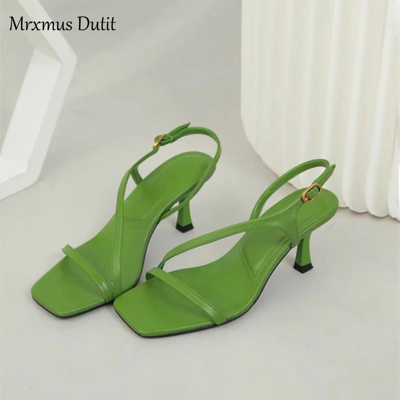 Mrxmus Dutit 2023 Summer Fashion Genuine Leather One Word Belt Stiletto High Heel Shoes Women Solid Simple Casual Sandal Female