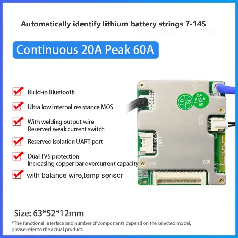 JBD بلوتوث 7S إلى 14S 13S 48V 52V لوح حماية بطارية ليثيوم الذكية BMS التوازن 24V 36V ليثيوم أيون 8S 12S LifePo4 20A 30A