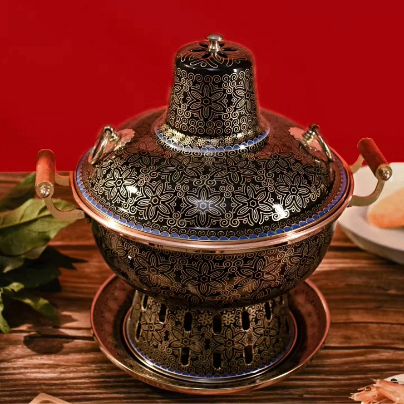 Cloisonne Single Copper Hot Pots, Commercial Snowflake Chafing Dish, One Person One Pot Enamel Pure Copper Alcohol Stove Pots