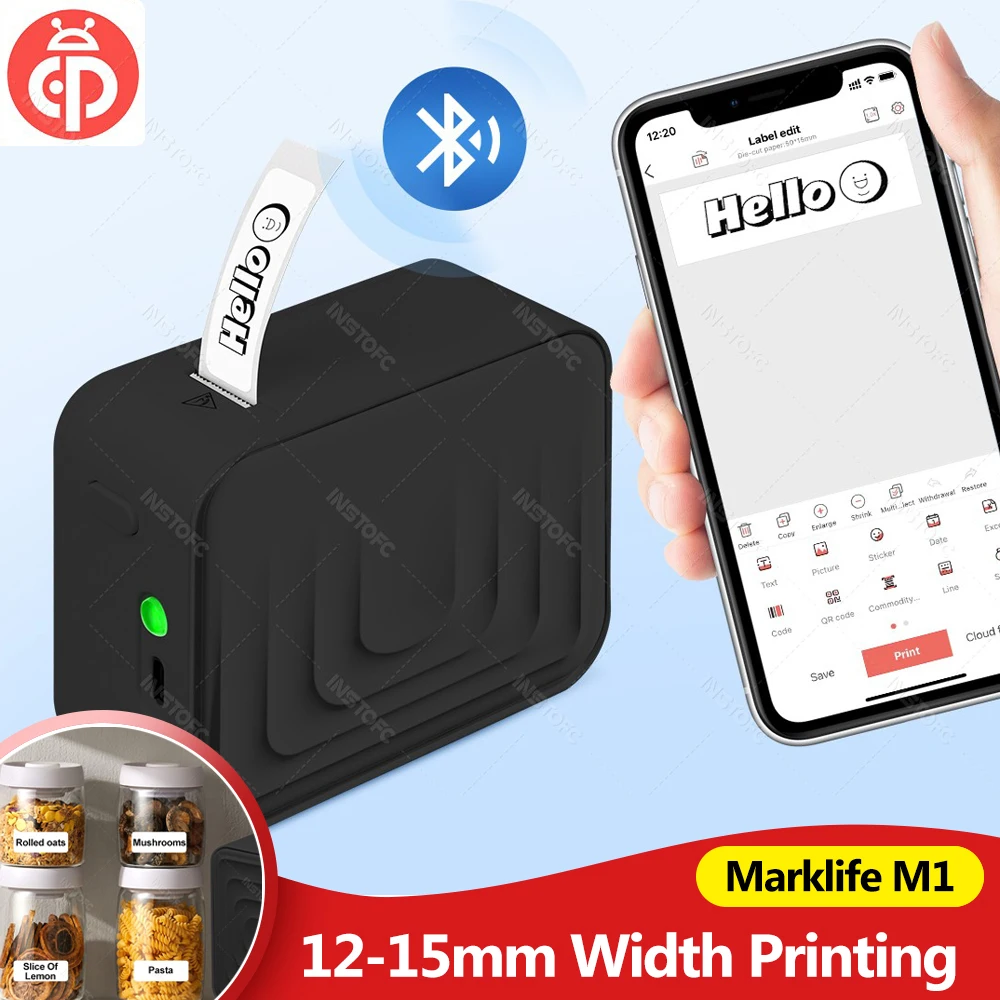 Marklife M1 New Color Pocket Label Printer Bluetooth Wilress Portable Thermal Label Maker&White Cable Transparent Sticker Paper
