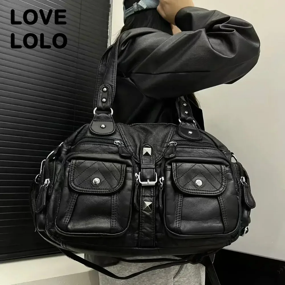 

Y2K Motorcycle Tote Bag for Women Vintage Vegan Leather Biker Purse Retro Spicy Girl Shoulder Bag Large Capacity Crossbody Bag