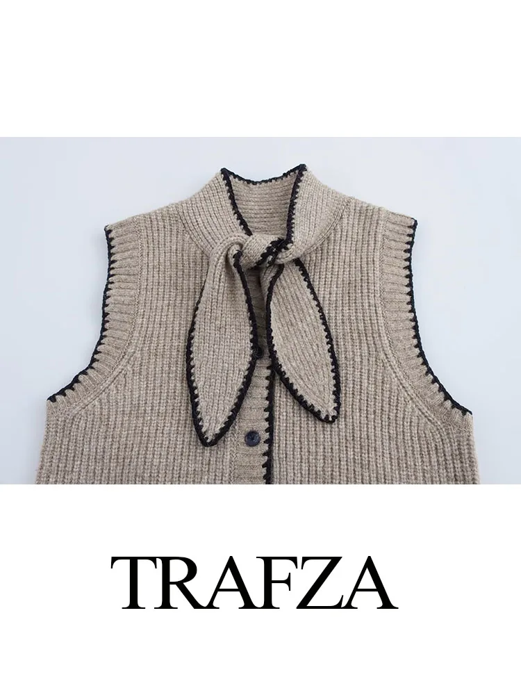 TRAFZA-suéter de punto sin mangas con cuello de mariposa para mujer, Tops elegantes con textura decorativa de un solo pecho, Top