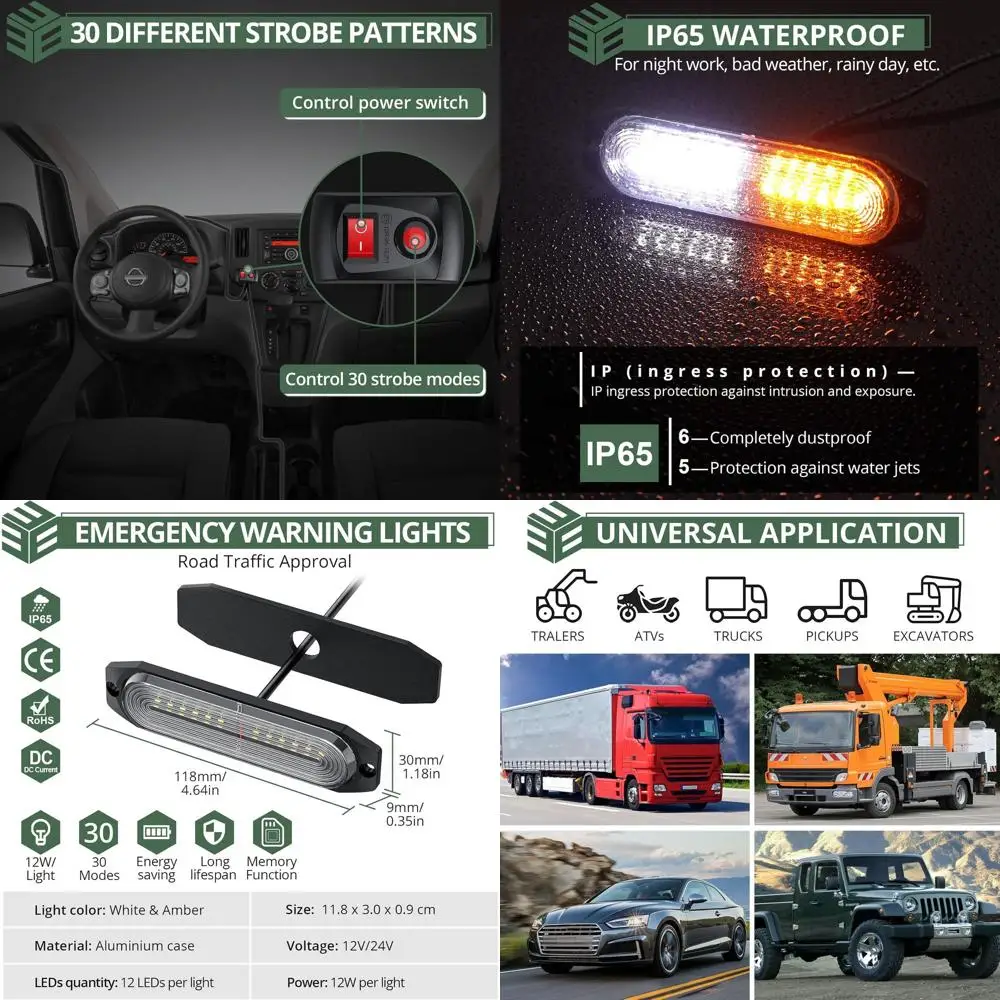 

Комплект из 8 стробоскопов для поверхностного монтажа для автомобилей и грузовиков, белое и янтарное мигание, 30 режимов, водонепроницаемость, 12 В/24 В с памятью F