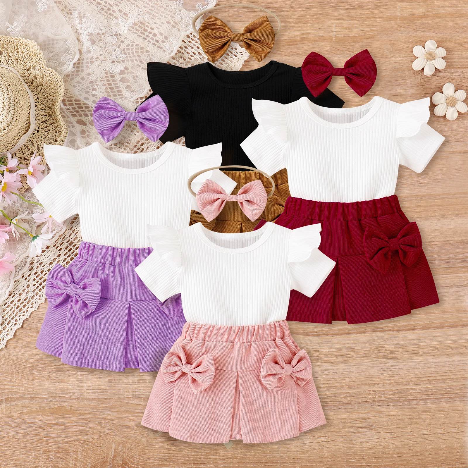 3PCS Summer 0-2 Years Old Baby Girl Baby Soft And Comfortable Rice White Pit Strip Top + Multi-Color Bow Skirt