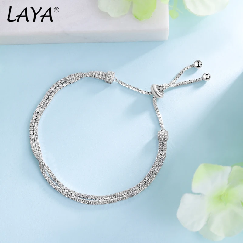 LAYA قابل للتعديل أساور للنساء ريال 925 ختم فضي اللون الأبيض تشيكوسلوفاكيا الخرز ربط سوار التنس مع صندوق سلسلة حلية مجوهرات #2