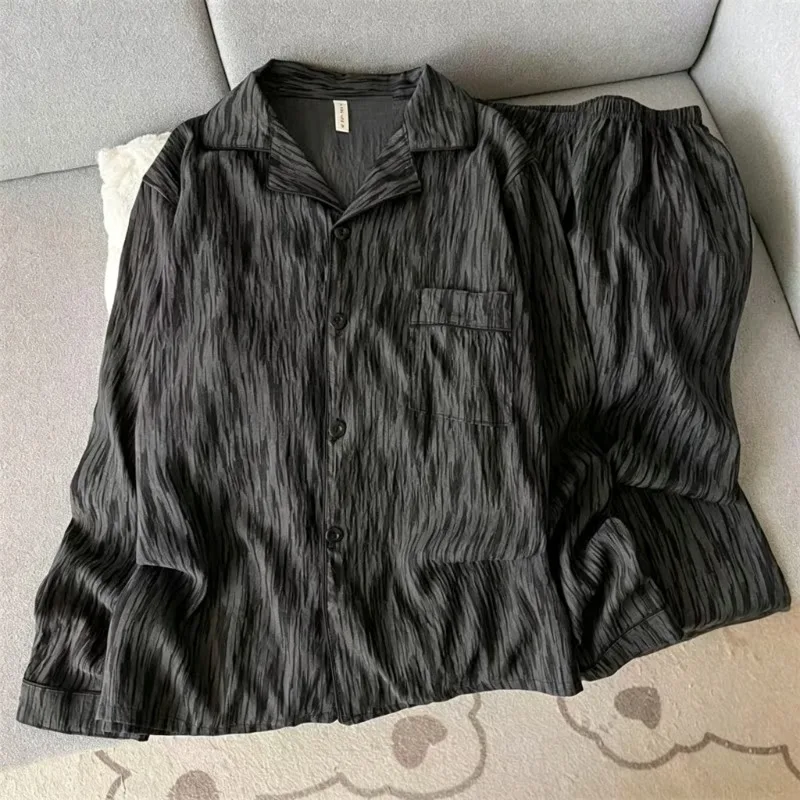 Men Pajamas Set Big Size New Spring Long-Sleeved Long Trousers Nightwear Homewear Two-Piece Striped Simple Sleepwear Loungewear