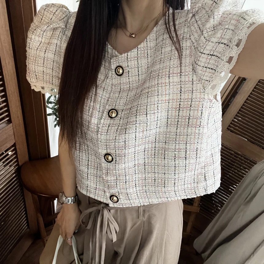 Nimoi Home Small Fragrance Style Lace Trimming Youthful Short Sleeve High Waist Jacket Women's Fashion Summer Outerwear
