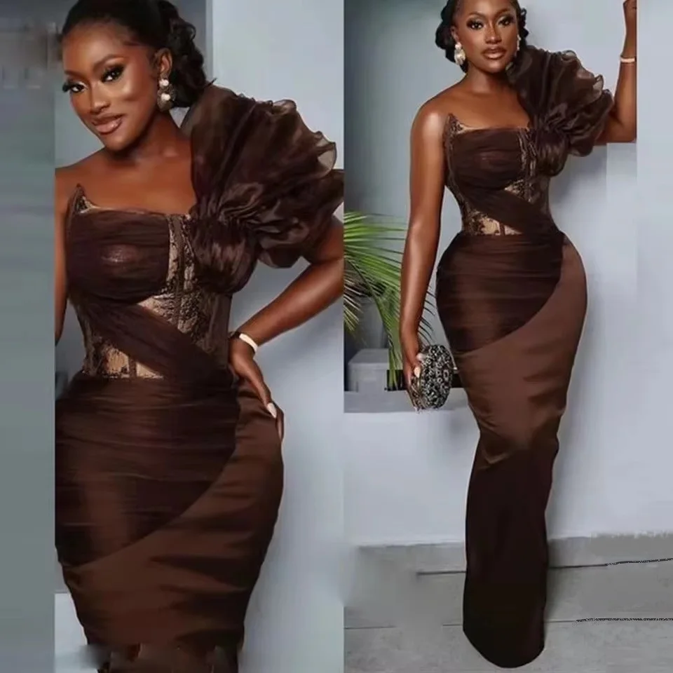 2026 Applique Ruche Schouder Galajurken Chocolade Galajurken Korset Lace Up Elegante Avondjurk Recht Op Maat Gemaakt