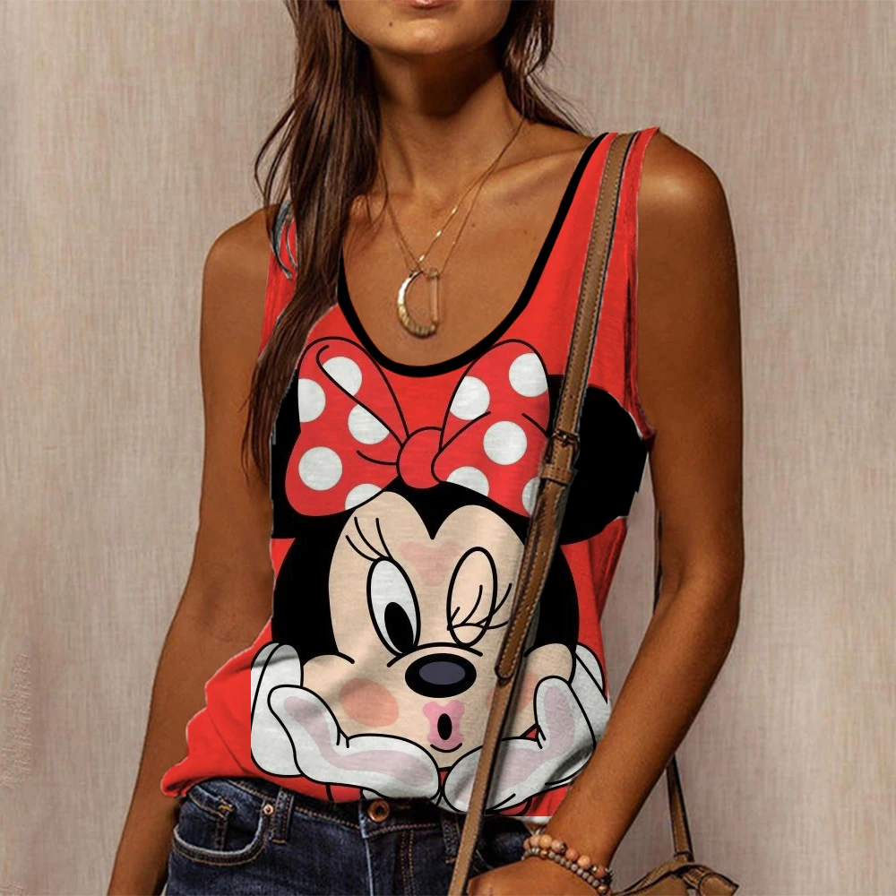 Disney Mickey Mouse 3D Print Tank Tops Women Retro Streetwear Y2k Oversized O-Neck Vest Off Shoulder Sleeveless Woman Camisole