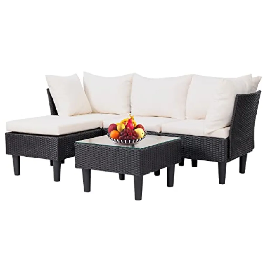 

Комплект садовой мебели из 5 предметов: секционный диван из ротанга с подушками цвета хаки и кофейным столиком для двора, веранды, бассейна