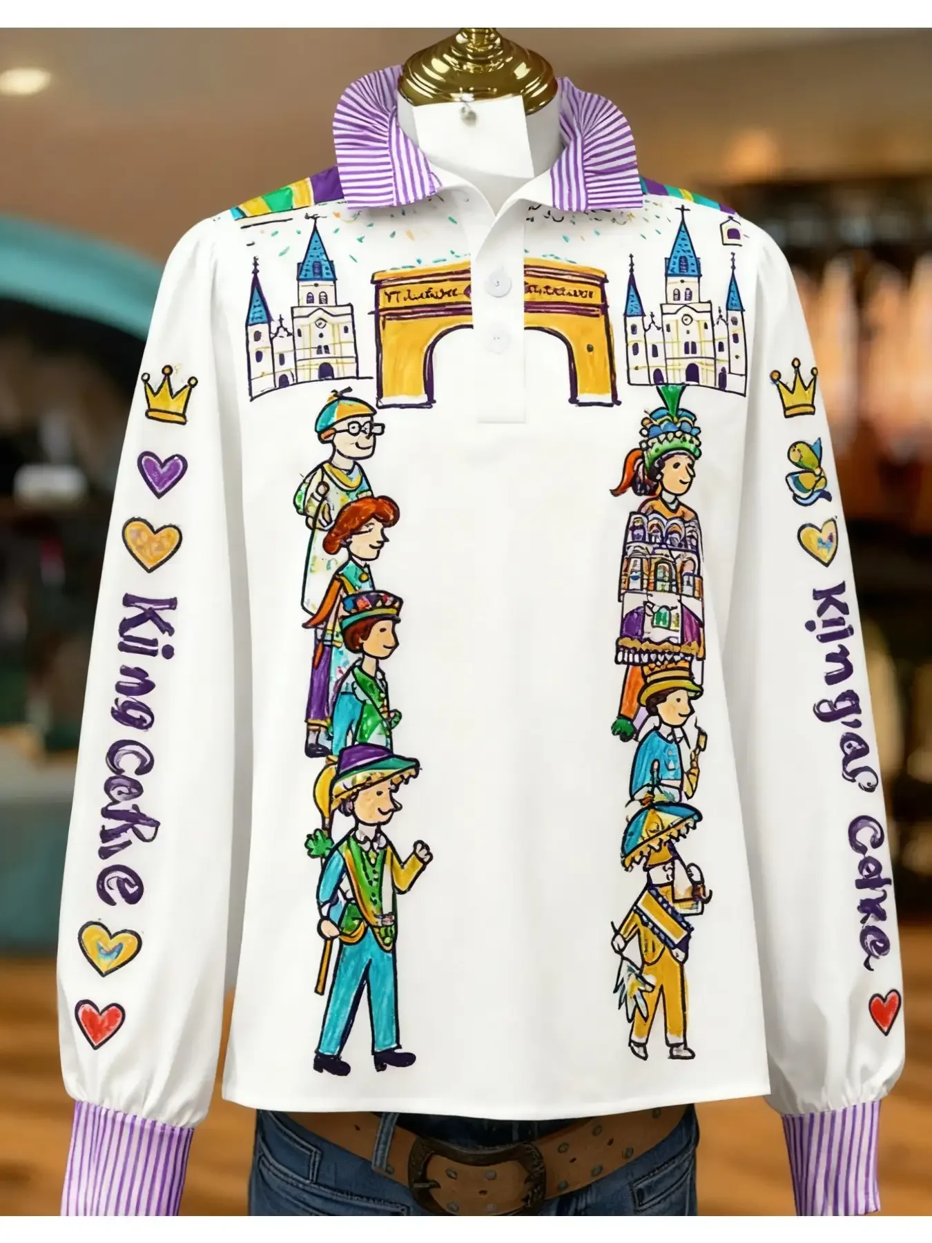 Women's striped personalized fashion shirt, multi-color striped collar, half button pattern, Candy stick and snowflake design