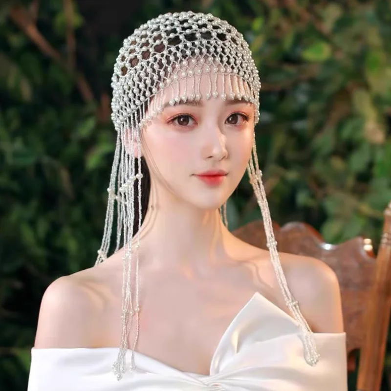 Handmade Pearl Bead Hollow Tassel Headpiece Bridal Styling Stage Performance Hat