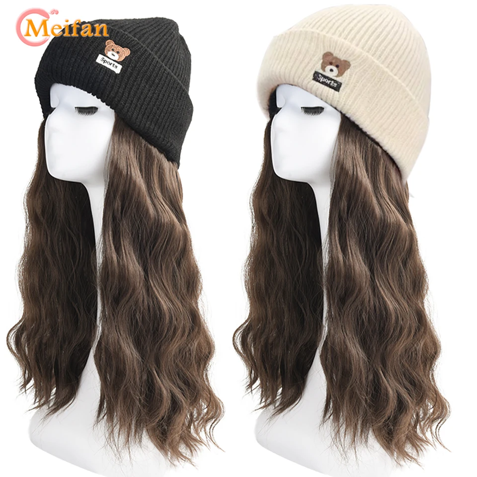 MEIFAN Beanies Knitted Warm Hat Wig Synthetic Long Water Wavy Curly Hairpiece with Hat for Women Fashion Warm Elastic Bonnet