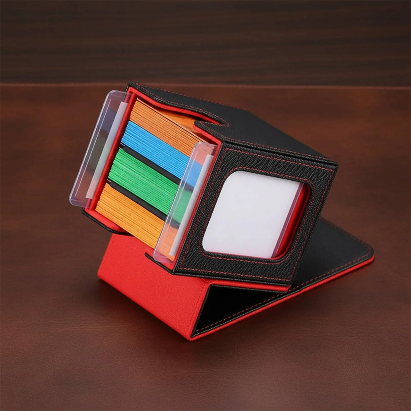 Caja de Almacenamiento para Más de 100 Cartas, Caja para Mazo de Cartas de Gran Capacidad con Ventana de Visualización, Estuche para Mazo de Cartas de Cuero PU, Diseño de Fácil Acceso, Textura Antideslizante