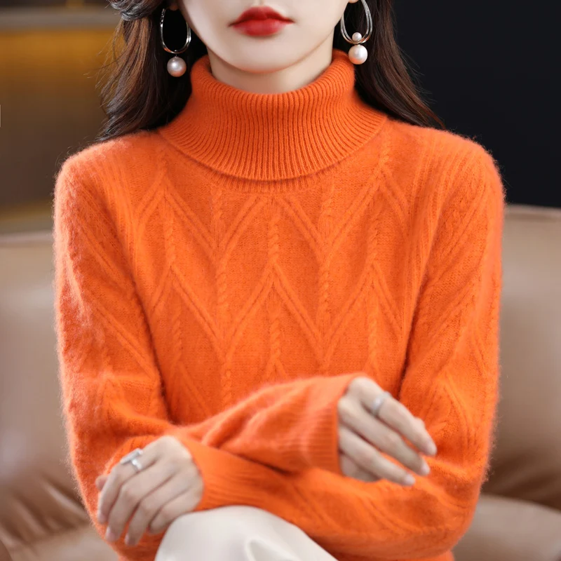 2024 Autumn/Winter New Pure Wool Knitted Sweater Women's High Flip Diamond Shaped Korean Multi Functional Knitted Wool Sweater