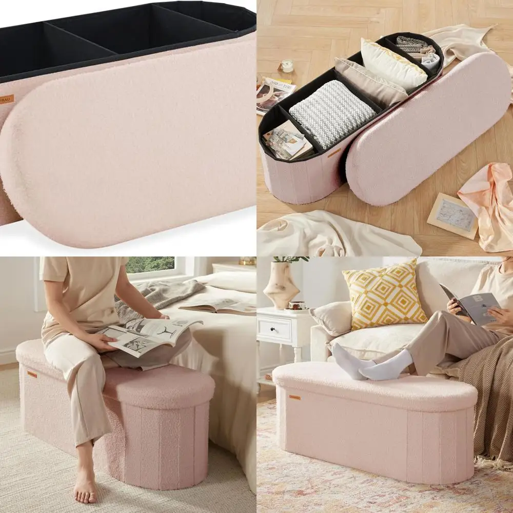 

Oval Pale Pink Storage Ottoman: Folding Foot Rest for Living Room, Entryway, Bedroom with Upholstered Seat