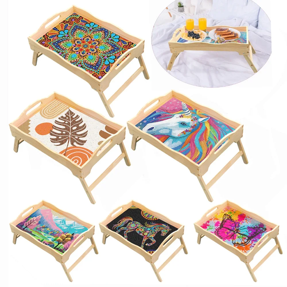 Bandeja decorativa de pintura diamante mandala com alça bandeja de mesa de centro borboleta jantar organizador bandeja unicórnio para servir comida