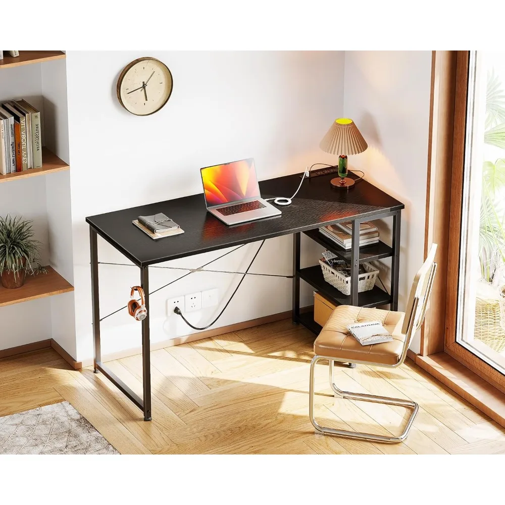 Computer Desk Study Table,  Power Outlet and USB & Type C Charging Port, Writing Desk with 3-Tier Reversible Storage Shelf  Mesa