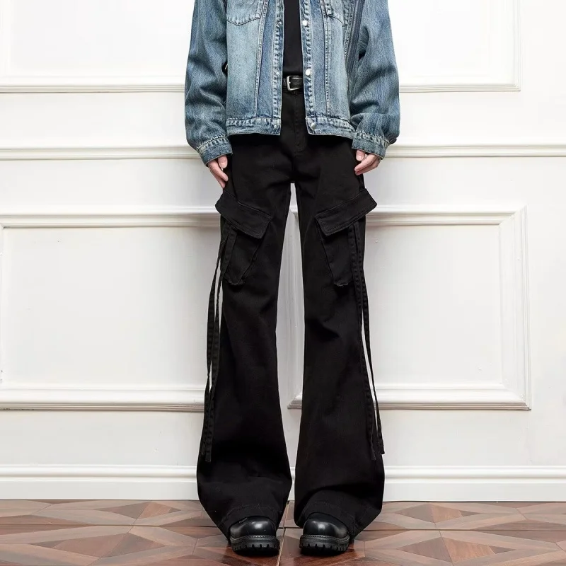 2025 اليابانية Y2K نمط الشريط تصميم أسود سليم البضائع الجينز السراويل للرجال الملابس الشارع الشهير القطن السراويل الطويلة مودا Hombre #5