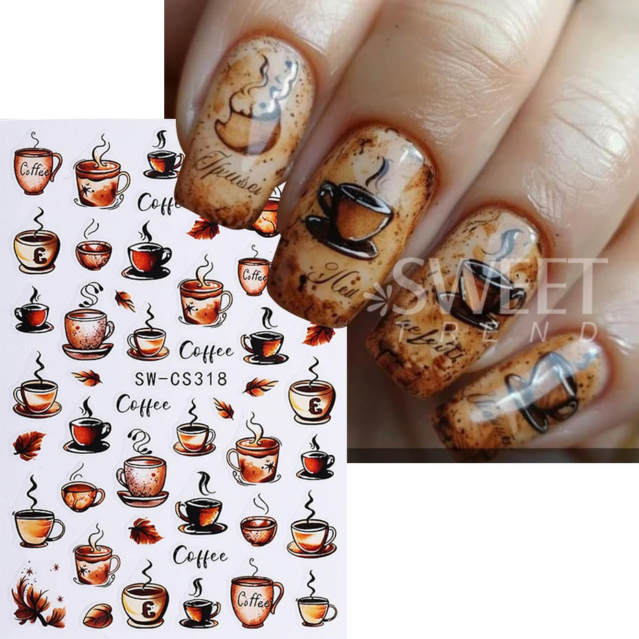 2 stuks retro nagelstickers 3D herfst esdoornblad koffie patroon zelfklevende nagelstickers DIY eenvoudige manicure decoratie sliders