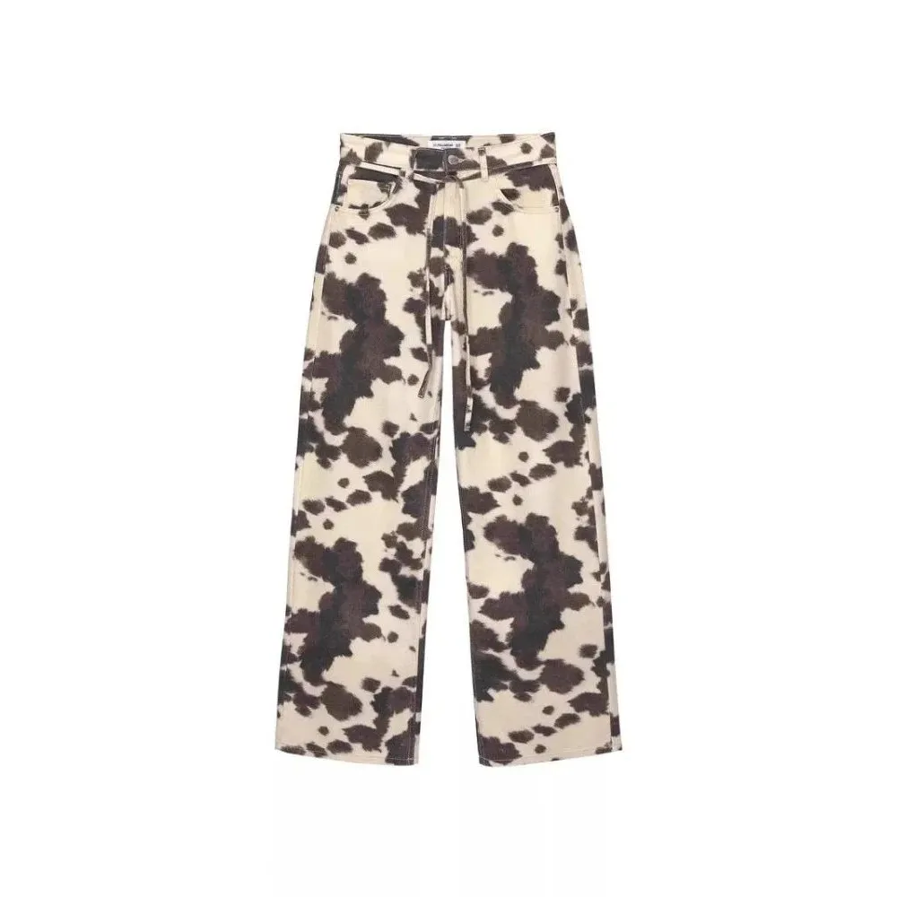 

Vintage Cow Print Y2K Baggy Hip Hop Waed Denim Jeans Women Cleanfit PVC Fabric Large Size Faionable Ladies Trousers