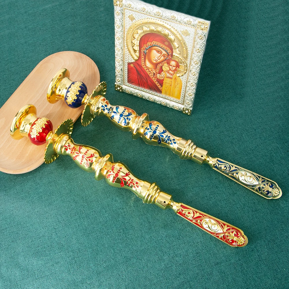 HTISOK Orthodoxer Handkerzenhalter, vergoldet, byzantinischer Stil, christlicher religiöser Ritual-Kerzenhalter für die Kirchenandacht – Detail 12