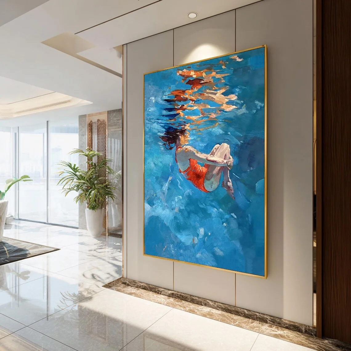 Serene Underwater Float Wall Art - Dreamy Impressionist Print Evoking the Calm and Weightlessness of the Deep. Cool Blue Pal