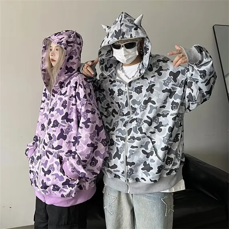 

2024 Couple Ghost Print Front-Pocket Hooded Sweatshirt Men Harajuku Unisex Coats Female Loose Zip-Up Hoodies Print Sweatshirts