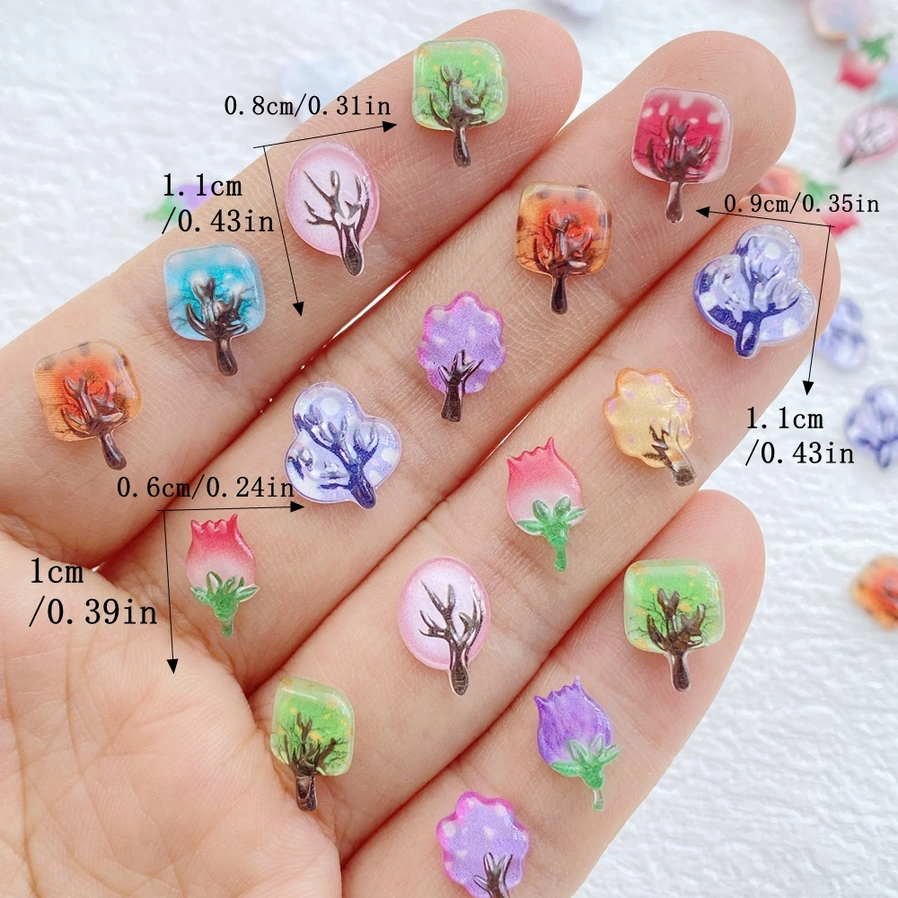 50Pcs Cute Resin Mini Colorful Vintage Fruit Trees, Flowers FlatBack Cabochon Ornament Jewelry Making Manicure Hairwear