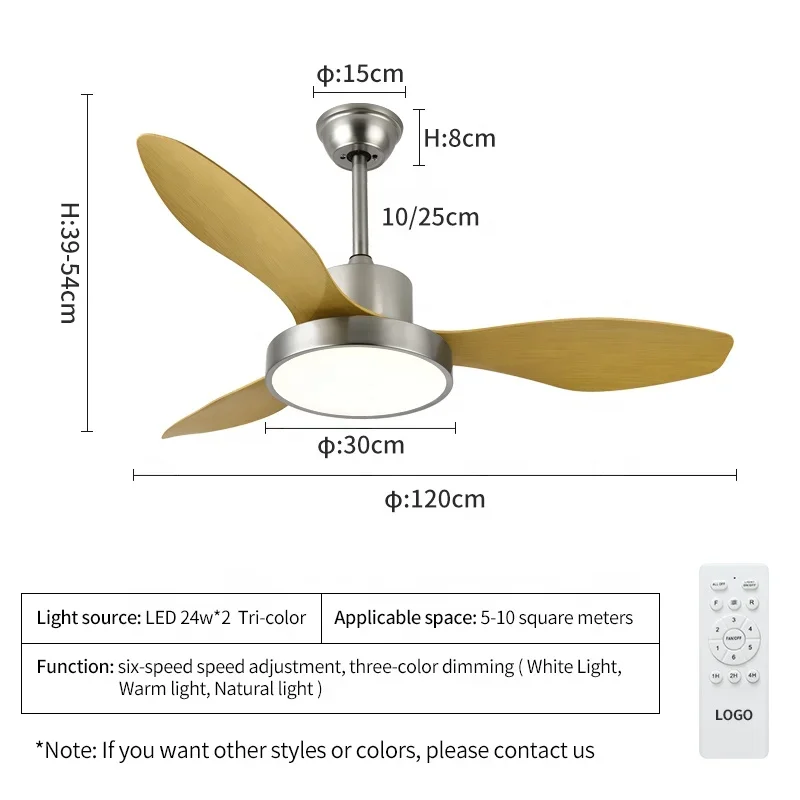 733a 48W 3300LM mm Ceiling Fan with 3 Blades DC 39x120x120cm CM 3000-4000-6000K Remote Control