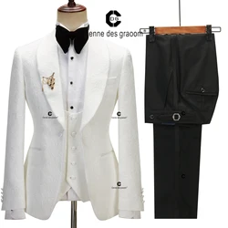 Cenne Des Graoom 2023 Men's Suit for Wedding Ivory Paisley Jacket Tuxedo Black Pants with Satin Side Stripe Slim Fit Shawl Lapel