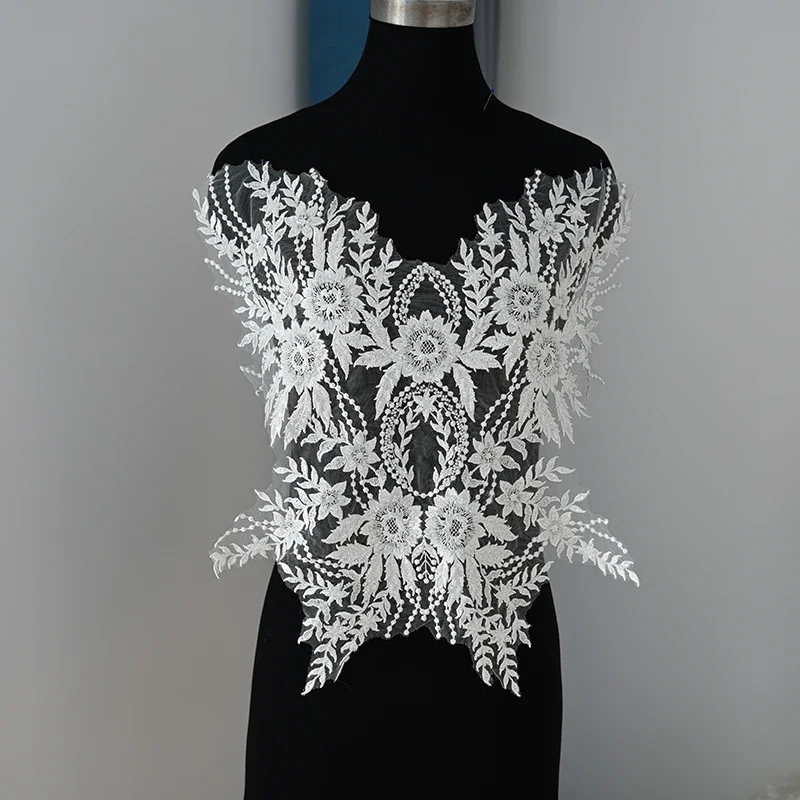 

3D White Lace Costumes Beaded Sewing African Applique Patches, Sew On, DIY Design, Wedding Dress, Prom Gown, Elegant Body Decor