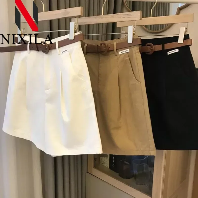 Novedad de verano, pantalones cortos de pierna ancha para mujer, pantalones cortos de corte A de algodón fino 2024, pantalones cortos clásicos holgados informales con cremallera para mujer para oficina