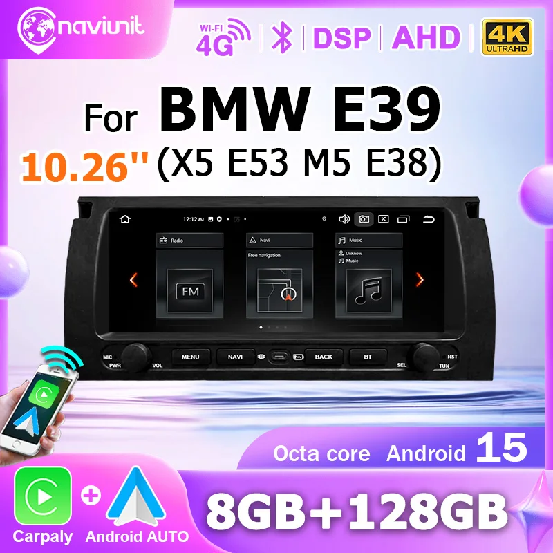 Autoradio Android Auto CarPlay con schermo da 10.26'' per BMW Serie 5 E39 X5 E53 M5 1996-2003, lettore multimediale Bluetooth con GPS