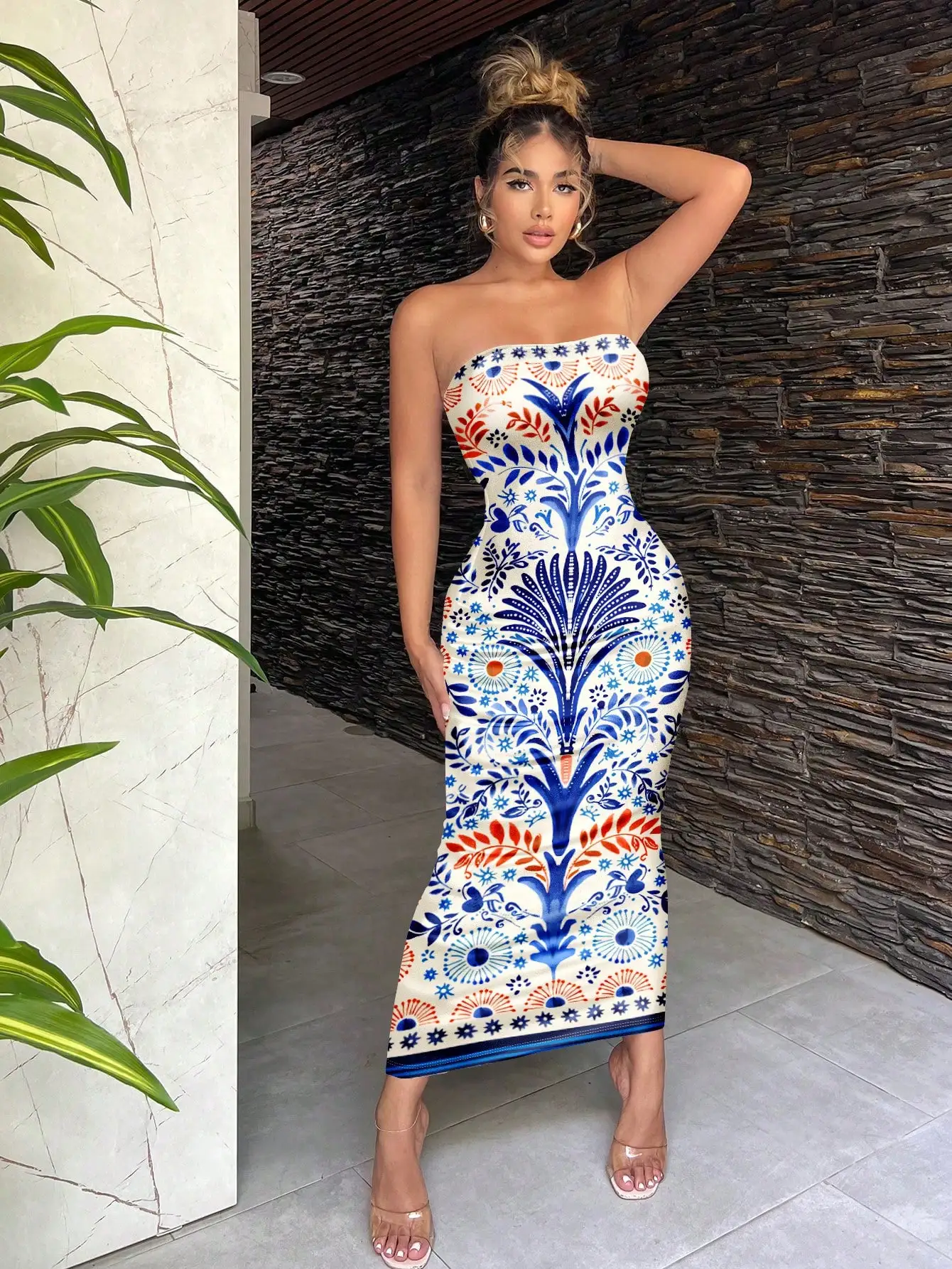 

Strapless Floral Print Bodycon Midi Dress for Women, Summer Boho Chic