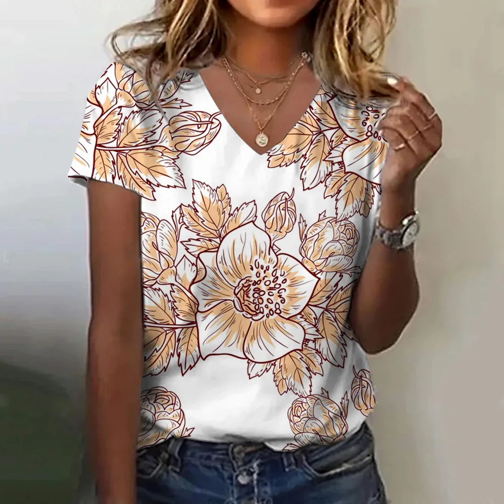 Summer Women's 2024 Loose Fashion Women's Short Sleeve Personalized Patterned Top V-neck Casual T-shirt Fashion Clothing