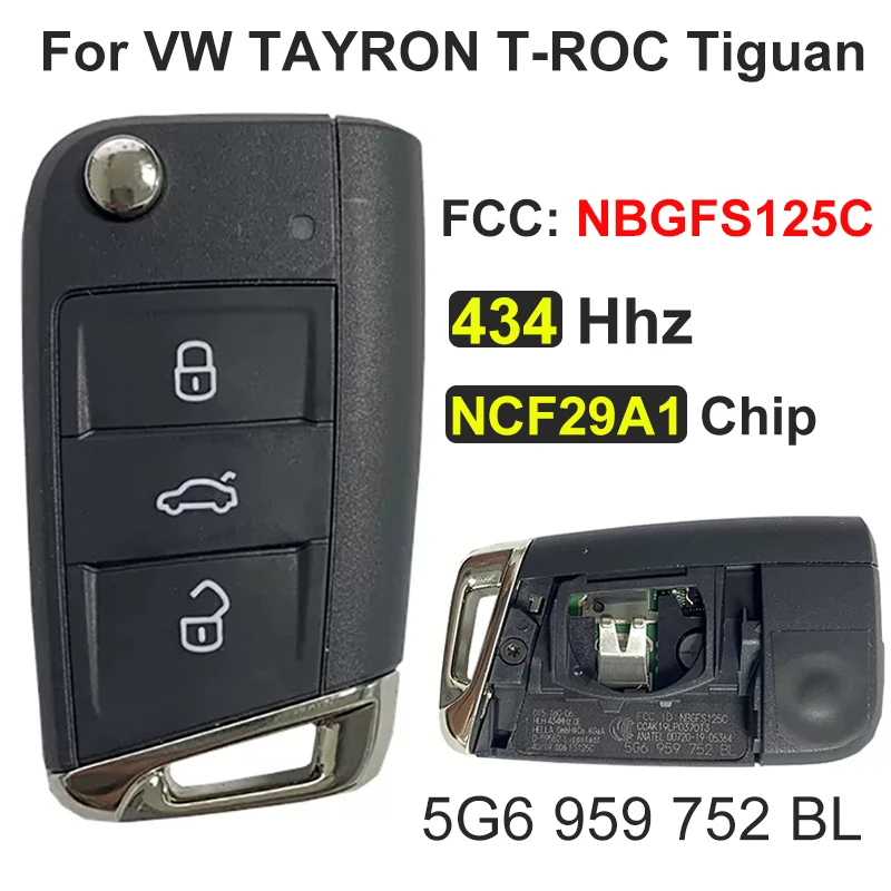 CN001108 3 Button Original Folding Flip Key Fob For VW TAYRON T-ROC Tiguan Remote 434Mhz Smart Auto Key FCCID NBGFS125C NCF29A1